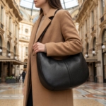 Borsa hobo in pelle nera portata a spalla in una galleria cittadina