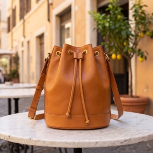 Borsa secchiello in pelle caramello su un tavolino in marmo
