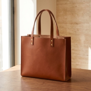 Borsa tote in pelle cognac su un tavolo in noce