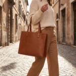 Borsa tote in pelle cognac portata sull'avambraccio in una strada di Roma