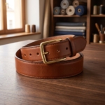 Cintura in pelle cognac arrotolata su un tavolo in noce