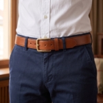 Cintura in pelle cognac indossata con pantaloni blu