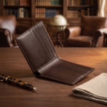 Portafoglio bifold in pelle testa di moro su una scrivania
